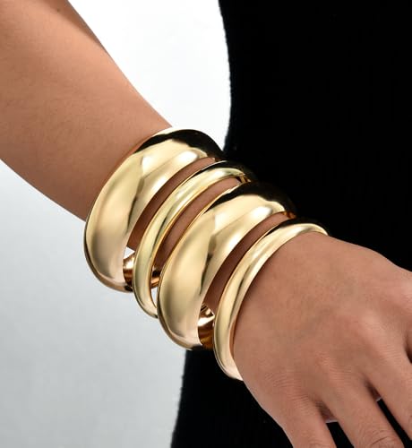 Chunky Gold Bangle Bracelets for Women, Dainty 14k Gold Plated Big Stackable Bangles Set, Trendy Cuff Bracelet Stack Fashion Jewelry Gifts - style: 4 pcs chunky gold bangles
