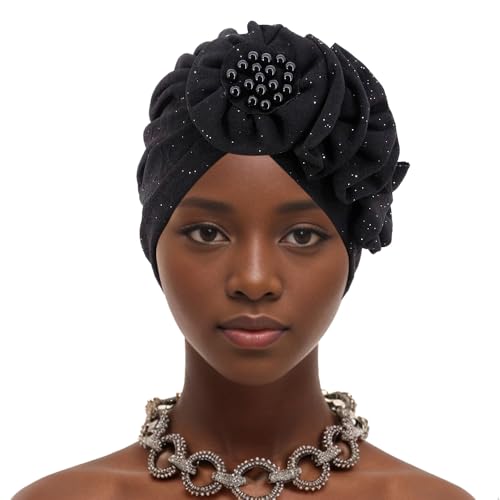 Erinaco Women Sparkle Sequin African Turban Bow Knot Pre-Tied Cap Pleated Ruffle Bonnet Beanie Hat Headwrap Skull Caps - color: Beaded Black