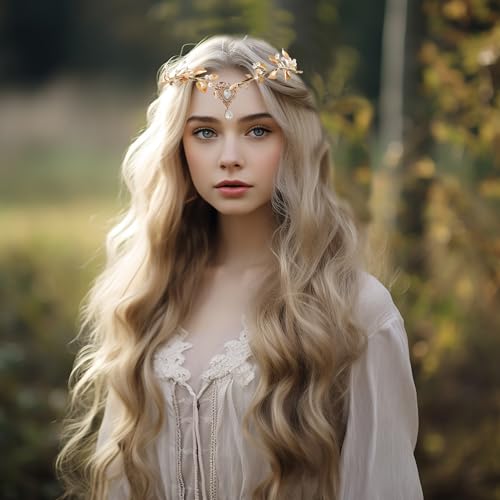 Vivivalue Golden Fairy Crown Flower Headband Elf Floral Headpiece Hair Wreath Woodland Forest Even Circlet for Women Halloween Renaissance Wedding Bridal Cosplay Prom Photo - color: golden