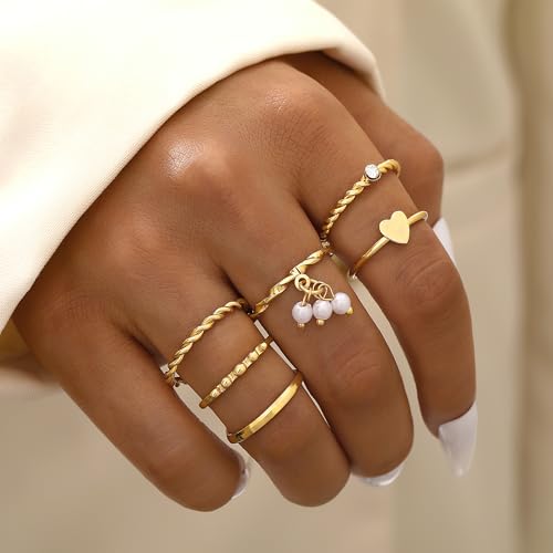 FAXHION 24-60 Pcs Gold Stackable Rings for Women, Knuckle Rings Chunky Gold Ring Set Dainty Stacking Cute Rings, Multiple Sizes Cute Jewelry Set Gift - style: Gold-21 Pcs