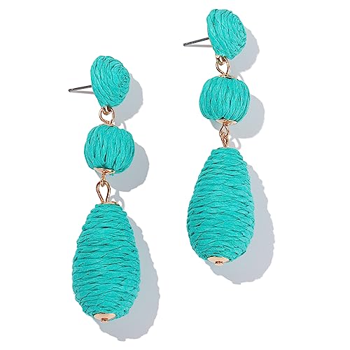 Boho Raffia Earrings Statement Dangle Earrings Cute Teardrop Ball Earrings Colorful Summer Jewelry Handmade Rattan Earrings for Women - color: Teal