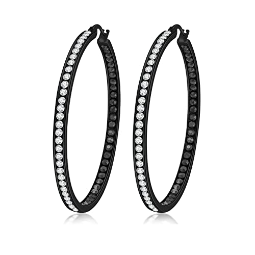 CiNily Mult-colors Crystal Stainless Steel Hoop Earring for Women Hypoallergenic Jewelry for Sensitive Ears Large Big Hoop Earrings 2" - color: Black-a