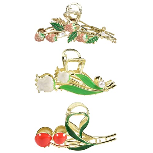 3-Piece Floral Metal Hair Accessories: Strawberry Cherry Tulip Barrettes, Elegant Strong Hold Non-Slip Clamps for Thin/Medium Thick Hair