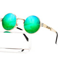 AIEYEZO Round Steampunk Sunglasses for Men Women Retro Circle Hippie Glasses Metal Frame 100% UV Blocking Lens - color: Gold/Green Mirror