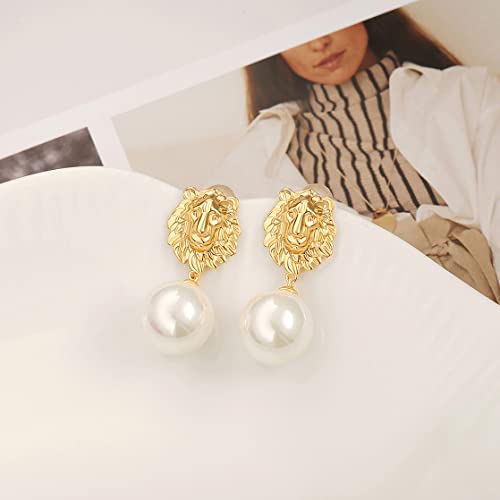 Gold Plated Huggie Hoop Earrings with Charms Fashion Pearl Drop Dangle Earrings for Women Handmade Karma Circle Jewelry for Ladies Lightweight Pearl Earrings on Christmas - color: lion