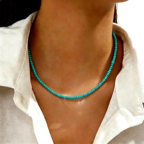 Tgirls Boho Choker Necklace Chain Rice Beaded Necklaces Seed Bead Necklace Accessory for Women - color: turquoise