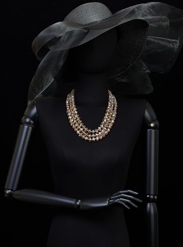 COOLSTEELANDBEYOND Crystal Beads Statement Necklace, Three-strand Layered Necklace, Waterfall - color: A-Color: Champagne & Gold