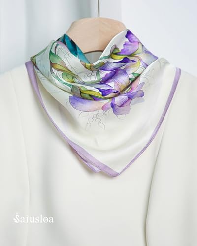 Saiusloa Neck Scarf For Womens Silky Head Scarves Hair Bandanas Square Scarf Fashion Accessories lightweight - color: 17-purple Irises With Purple Edges