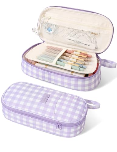 SUNEE Cute Pencil Case, Large Colored Pencil Pouch, Aesthetic Pen Bag with Zipper, Kawaii Stationery Storage and Organizer, School Supplies for Teen and Adult, Boys & Girls, Purple Checkered - color: Purple Checkered