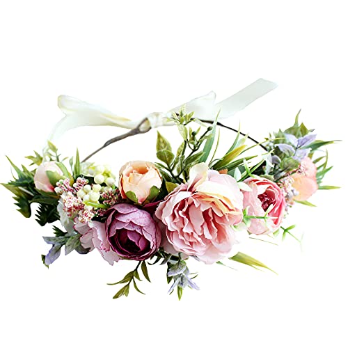 Vivivalue Women Floral Crown Boho Flower Headband Hair Wreath Floral Headpiece Halo with Ribbon Wedding Party Festival Photos - color: 51