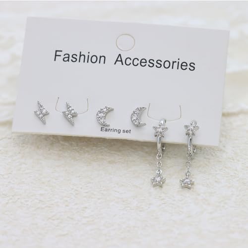 6 Pcs/6 Pairs Hypoallergenic 925 Sterling Silver Stud Post 14K Gold Earrings for Women Moon Star Hoop Stackable Cubic Zirconia Chain Dangle Earring Set Stacks for Multiple Piercings - color: Silver Star Chains