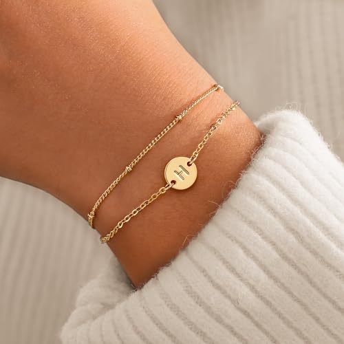 MONOZO Gold Initial Bracelets for Women Girls Jewelry Gifts Trendy - Dainty 18K Gold Plated Disc Monogram Letter A-Z Initial Bracelets for Women Girls Teens Personalized Letter Bracelet Birthday Gifts - color: Gold, style: H
