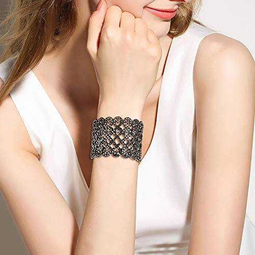 EVER FAITH Art Deco Love Knot Wide Stretch Bridal Bracelet Austrian Crystal - color: Black Black-Tone