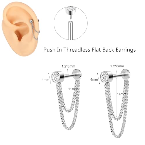 AoedeJ 2 Pairs Stud Earrings for Cartilage - Threadless Flat Back Earrings for Women - color: Silver-Chain1