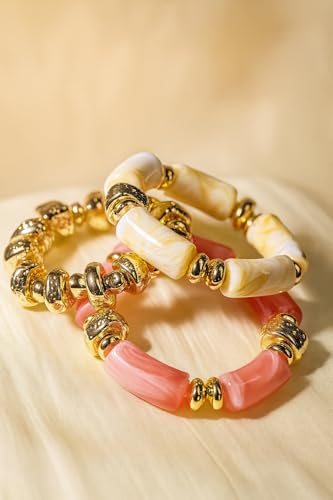 Gold Bracelet Stack For Women, 3Pcs Jade Vintage Chunky Stackable Stretch Boho Western Adjustable Bracelet Stacks Statement Dainty Tarnish Free Waterproof Jewelry Gift - color: Pink