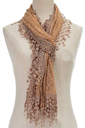 Cindy & Wendy Lightweight Soft Leaf Lace Fringe Scarf Bridal Shawl for Women - color: Brown Floral With Fringes