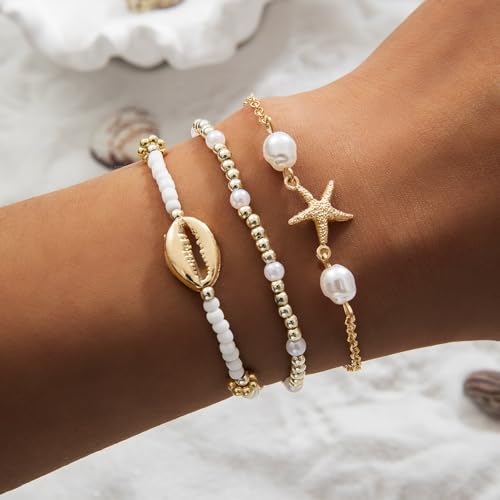 Vivian&CD Boho Shell Anklets Bracelet for Women Waterproof, Gold Layered Seashell Starfish Puka Shell Anklet, Adjustable Colorful Beaded Stack Stretch Bead Bracelet Set, Fashion Beach Foot Jewelry for Hawaii Summer Vacation - style: Starfish4