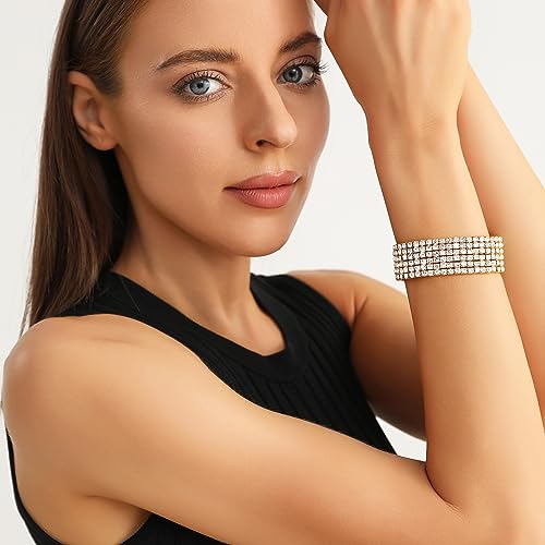 Zealmer Sparkle Multicolor Rhinestone Stackable Stretch Bracelets for Women - color: 6 Row Gold Bracelet