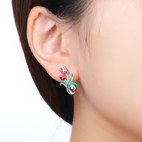 Earrings for Women 925 Sterling Silver Hoop Earring Colorful Cute Fashion Hoop Earrings Graduation Birthday Jewelry Gifts for Women - color: Tulips Earrings