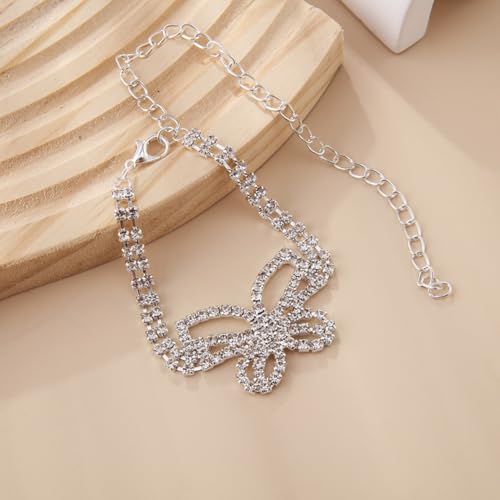 Gold Ankle Bracelets For Women Rhinestone Pendant Butterfly Tennis Anklet Bracelets Summer Foot Chain Jewelry - color: SilverA