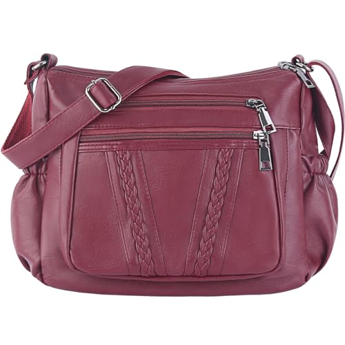 ELDA Crossbody Bags For Women Pocketbooks Soft PU Leather Purses and Handbags Multi Pocket Shoulder Bag - color: Dark Red