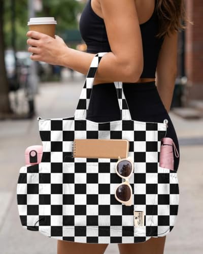 Miss Adola Crossbody Corduroy Tote Bag for Women, Large Tote Bag with Multi-Pockets and Zipper for Travel Work - color: Black and White Checkerboard