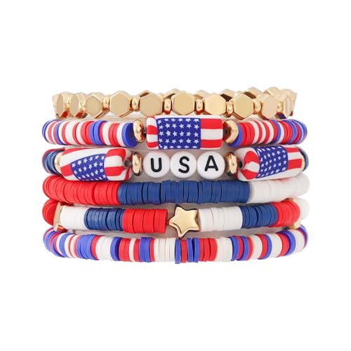 GOOJIDS Surfer Heishi Clay Bead Bracelets for Women Bohemian Stackable Gold Plated Beaded Stretch Bracelets Elastic Layering Friendship Bracelets Set Boho Jewelry - color: D-Flag 2