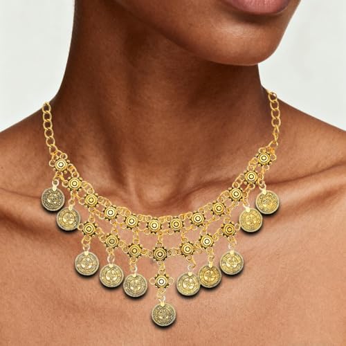 Boho Coin Charm Necklace for Women Layered Pirate Necklace Gold Coin Beaded Pendant Necklace Chunky Coins Tassel Ethnic Gypsy Costume Accessories Jewelry Gifts - style: B