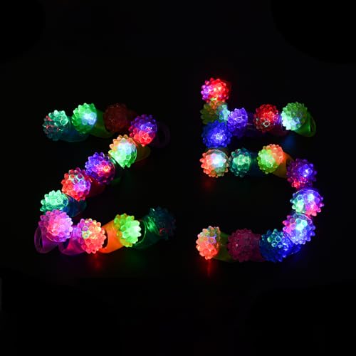 MINGOMINGO 25 Pack LED Light Up Rings & Glow Rings Party Favors for Kids | Glow in the dark for Halloween, Easter, birthday, New Year classroom giveaways; flashing and blinking, bulk large groups