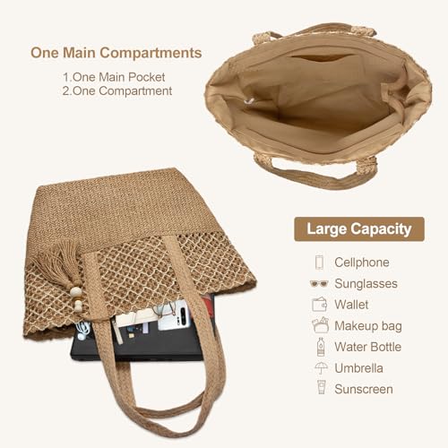 YAMEIZE Straw Woven Beach Shoulder Bags for Women Big Foldable Straw Tote bag Lightweight Raffia Bag with Zipper Summer - color: Khaki