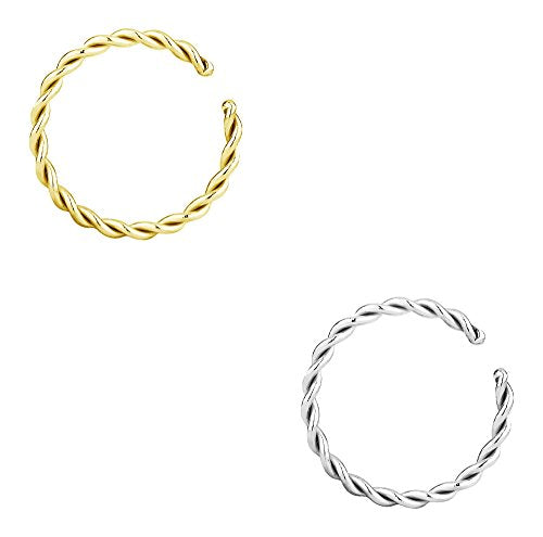 Forbidden Body Jewelry Nose Rings Set Surgical Steel Braided Hoops for Pierced and Fake Nose and Cartilage Piercings 14G-20G - style: 16g 8mm Silver/Gold Tone (2Pcs)