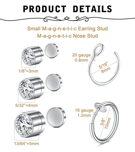 MODRSA Fake Nose Stud Fake Nose Ring Stud Fake Nose Piercing Fake Lip Ring Fake Earrings Stud Silver Gold Fake Cartilage Helix Earring Clip on Earring Hoop Fake Eyebrow Ring Fake Bridge Piercing - color: 2-2 style studs+hoops- silver gold black