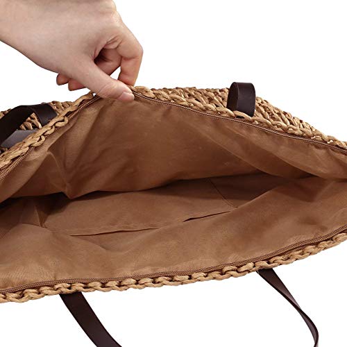 Ayliss Women Straw Woven Tote Large Beach Handmade Weaving Shoulder Bag Purse Straw Handbag - color: Khaki
