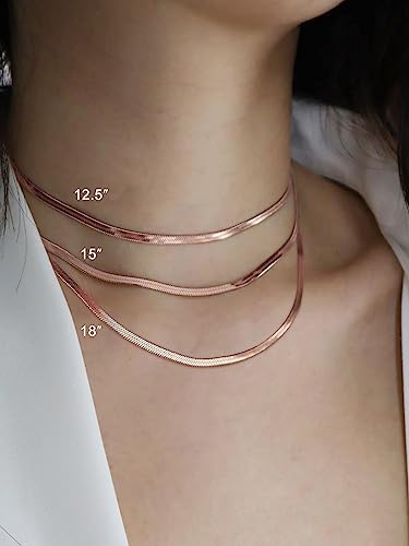 FOCALOOK 14K Gold Plated Necklaces for Women, Fashion Herringbone Choker Necklace Stainless Steel Flat Snake Chain 3/5MM(W) 12.5"/15"/18"+3.5"(L) - color: 3MM-Rose Gold-15"