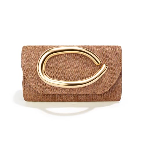 Straw Clutch Purses for Women,Summer Beach Bag,Woven Evening Handbags with Chain,Trendy Metal Handle Purses 2026 - color: Brown