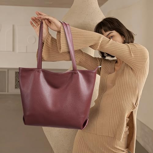 WLLWOO Soft Vegan Leather Tote Bag for Women Large Casual Hobo Handbags Zipper Shoulder Work Daily Weekender Travel Purse - color: Dark Red