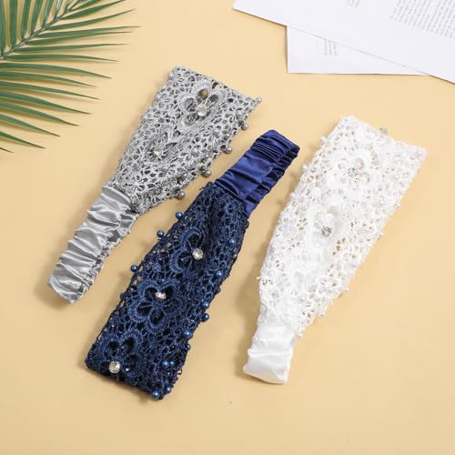 Tucnoeu 3pcs Boho-Chic Crystal & Pearl Embellished Wide Headbands, Wide Boho Pearl Headband for Wome, Floral Beaded Lace Elastic Headband Suitable for Daily Wear and Weddings Stylingvarious Holidays - color: blue, white, silver