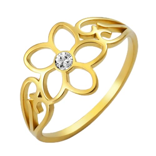 TEAMER Bohemian Hollow Flower Ring Stainless Steel Rhinestone Flower Ring Wedding Band Ring Exquisite Jewelry for Women - color: Gold - Flower With Rhinestone