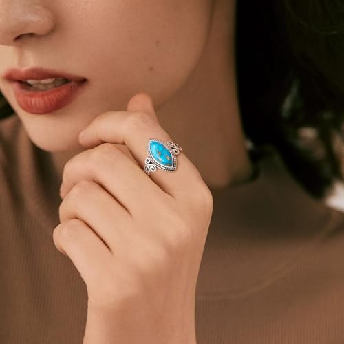 AVECON Turquoise Rings for Women, 925 Sterling Silver Boho Statement Ring Infinity Design, Marquise Cut Turquoise Vintage Western Style Birthday Mother's Day Jewelry Gift, Size 5-9