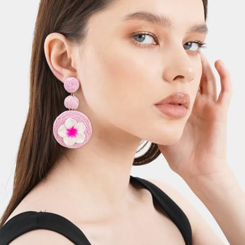 Boho Raffia Ball Earrings for Women, Handmade Statement Drop Earrings Straw Dangle Earrings Beach Vacation Jewelry - color: Pink flowers