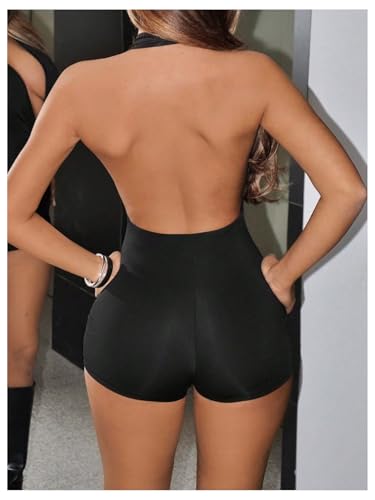 Milumia Women's Sexy Deep V Neck Sleeveless Romper Ring Decro Backless Halter Unitard Jumpsuit Party Outfits - color: Black, size: X-Small