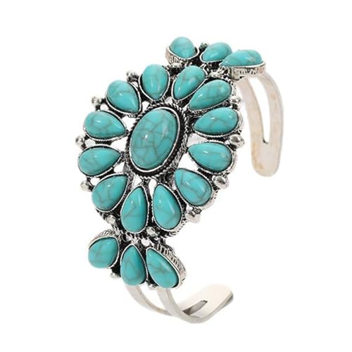 Vintage Ethnic Bohemia Turquoise Flower Colorful Stone Engraved Chunky Wrap Bangle Bracelet Retro Boho Cowgirl Western Statement Wide Open Cuff Punk Jewelry for Women - color: blue