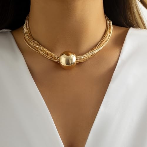 Chunky Chain Necklaces Women Statement Collar Necklace Gold Flat Snake Chain Choker Ribbed Design for Party, Dress Jewelry Gifts - color: B3:Gold Necklace