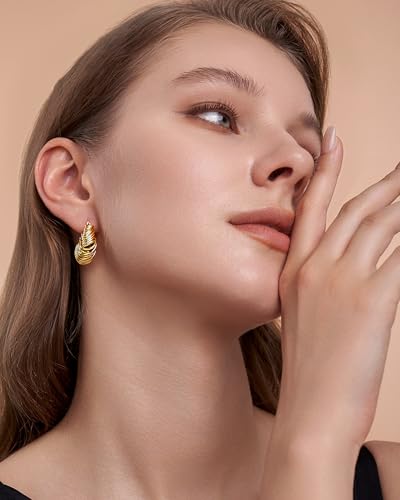 18K Gold Plated Boho Chunky Leaf Floral Geometric Textured Basket Weave Braided Dangling Statement Earrings for Women by SNGIA, Wavy Handmade Trendy Ribbed Fan Dangle Hoop Jewelry Gifts, Summer Round Oval Square African Beachy Vacation Flower Fashion Acce