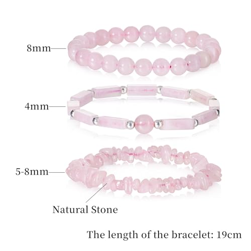 3Pcs Natural Stone Bracelets for Women 8mm Crystal Beaded Bracelets Handmade Stretch Bracelet Healing Crystal Jewelry for Women - style: Rose Quartz