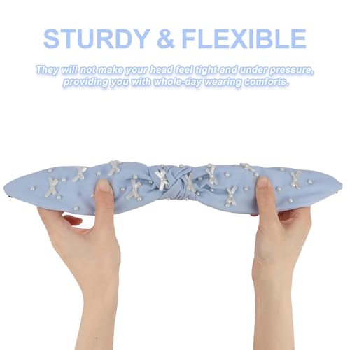 Blue Headband Bow Pearl Knotted Headbands for Women Girls Cute Fashion Wide Headbands for Women Non Slip Hairbands Head Bands for Women's Hair Bow Hair Accessories - color: Blue-02