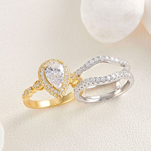 Newshe Jewellery Wedding Rings for Women Bridal Sets Sterling Silver Engagement Ring Enhancer Pear Cubic Zirconia Anniversary Promise Band Size - color: Cubic Zirconia-18k Yellow Gold Plated