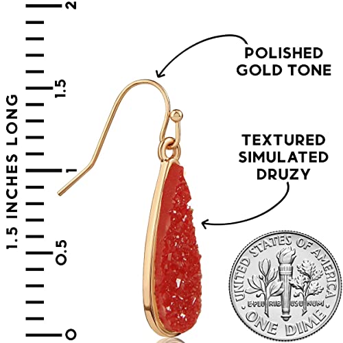 Teardrop Dangle Earrings for Women with Simulated Druzy Stones, in Gold or Rose Gold Tone - color: Gold - Red Stone