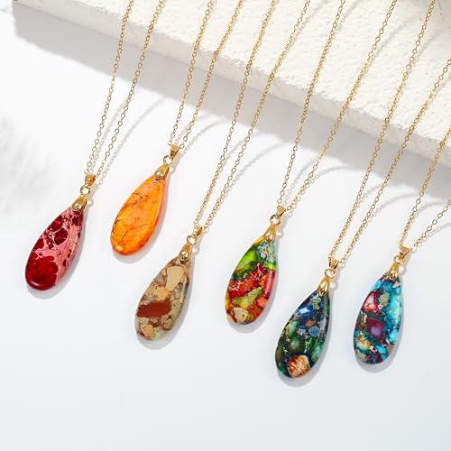 Joya Love 14K Gold Plated Healing Stone Teardrop Pendant Necklace for Women, Waterproof Stainless Steel Chain, Colorful Natural Stone Look, Boho Spiritual Jewelry Gift - color: Blue -Gold