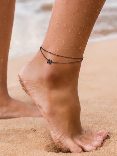 FaithHeart Initial Ankle Bracelets for Women, Waterproof 14k Gold Plated Initial Anklets Non Tarnish Stainless Steel Cute Layered Anklet Summer Beach Jewelry - color: Black, size: Initial M